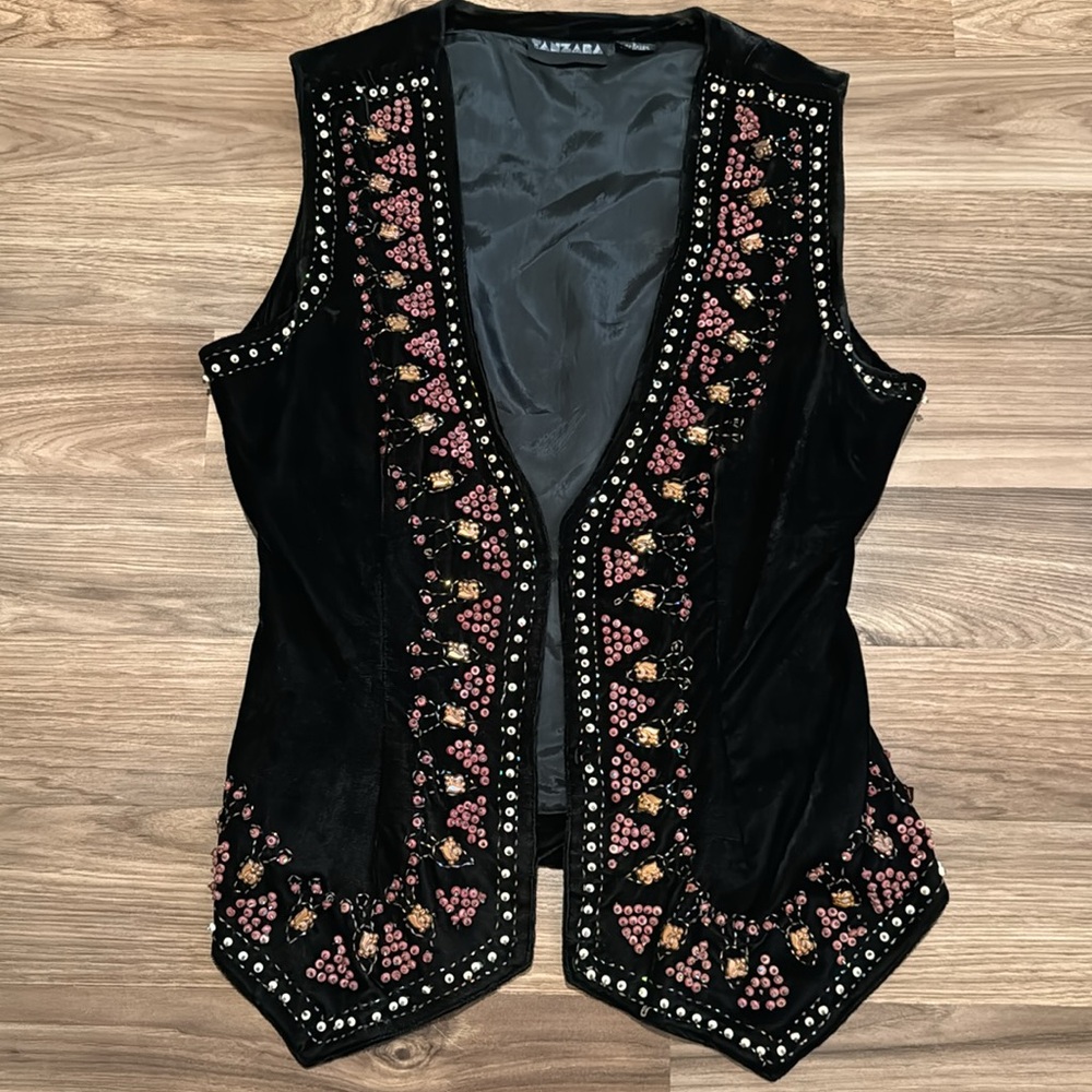 Tanzara Black Velvet Vintage Metal Wooden Bead Accented Hook Eye Open Vest L